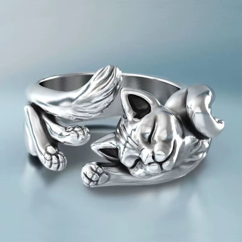 Sculpted silver cat adjustable ring